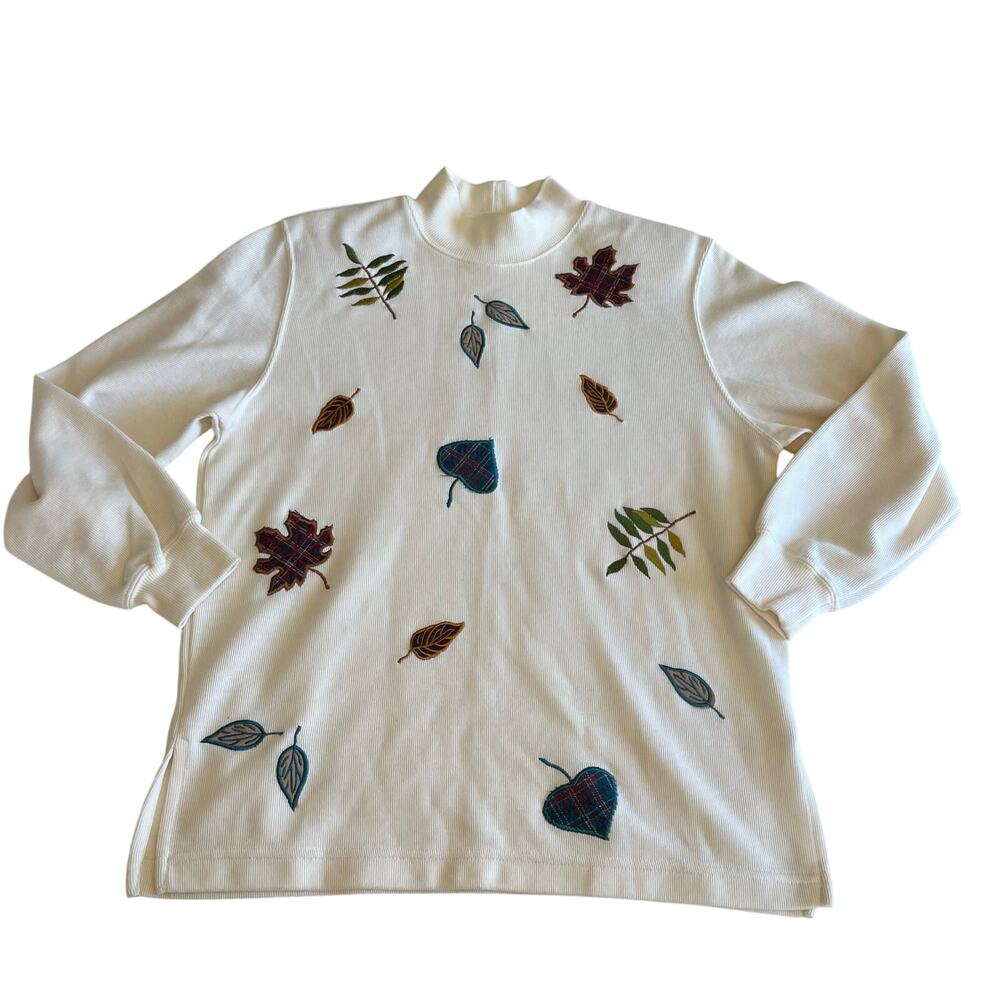 Vtg Y2K Cream Turtleneck Leaf Embroidery Fall Sweater Sz S Cottagecore Autumn